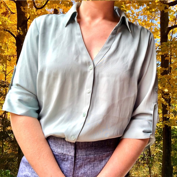 Express Tops - Express Sea Glass Slim Fit Portofino Satin Button Down, Size M